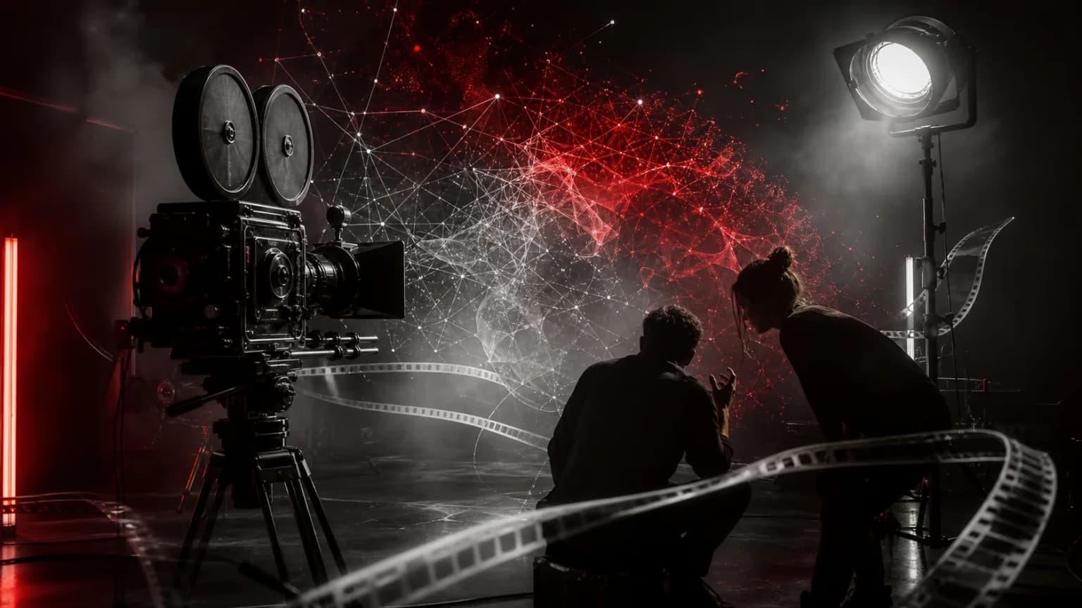 Set cinematografico con cinepresa, pellicola e rete neurale astratta sullo sfondo