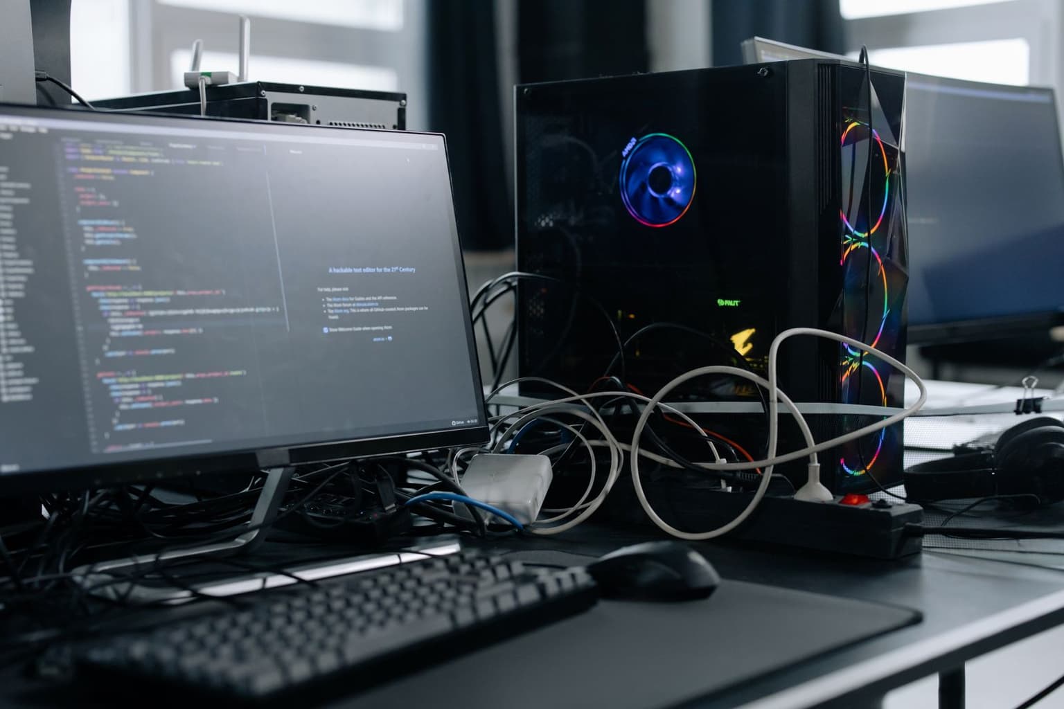 Postazione tecnologica con monitor e codice